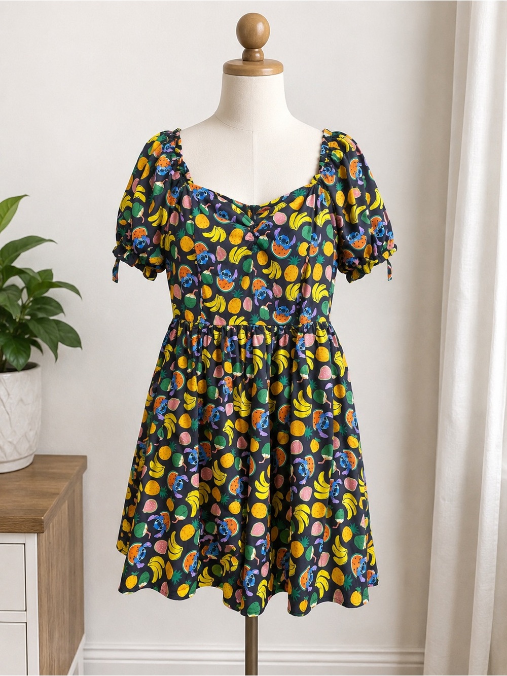 NWT unique vintage Disney stitch Fruit-Print Puff Sleeve Mini Dress 2X